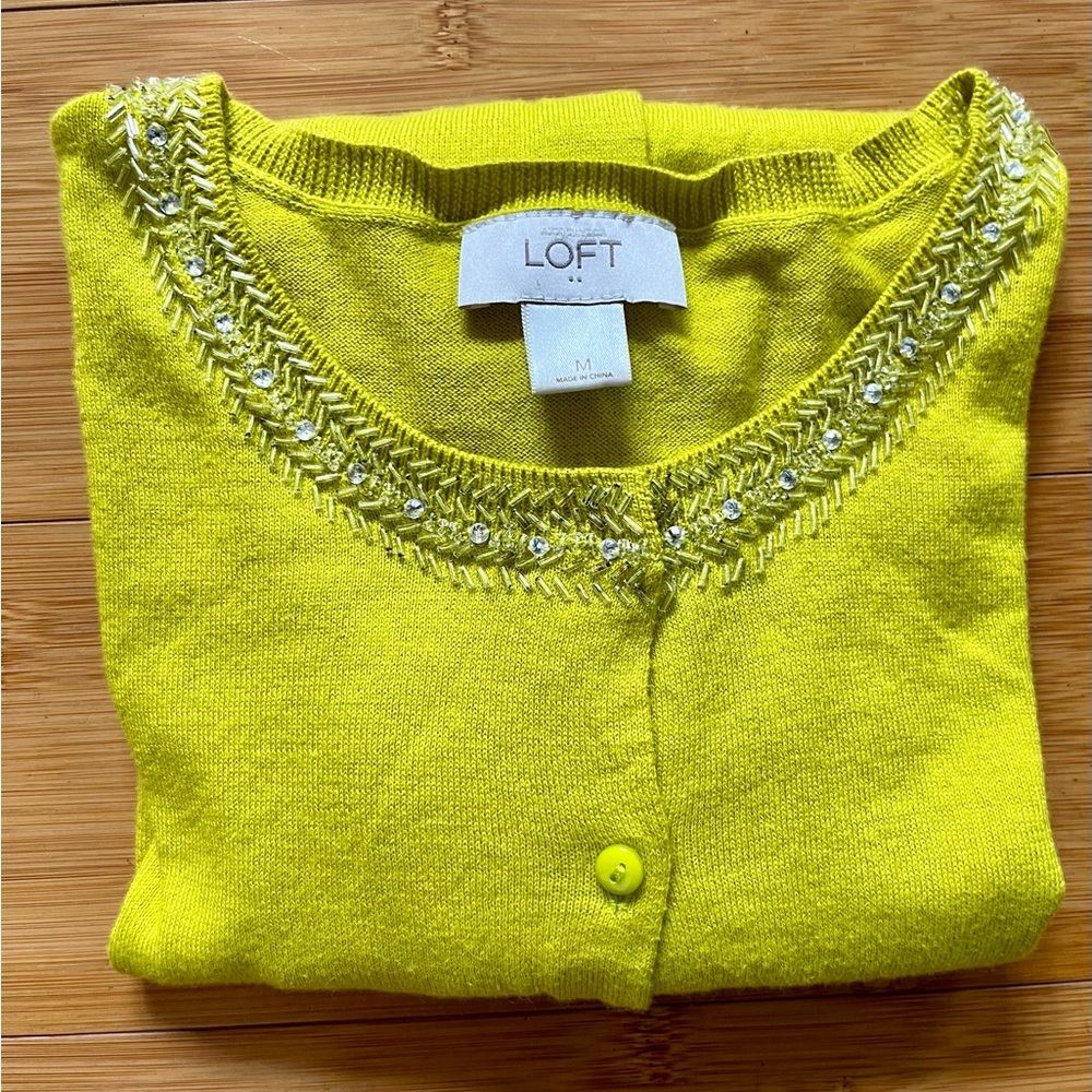 LOFT Chartreuse Beaded Cardigan - M